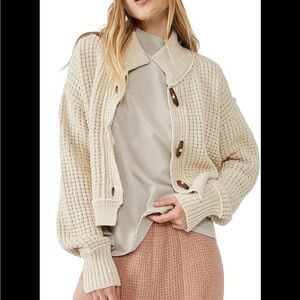 Free People Micah Knit Cardigan Womens Large Ivory Combo Mock Neck Fisherman